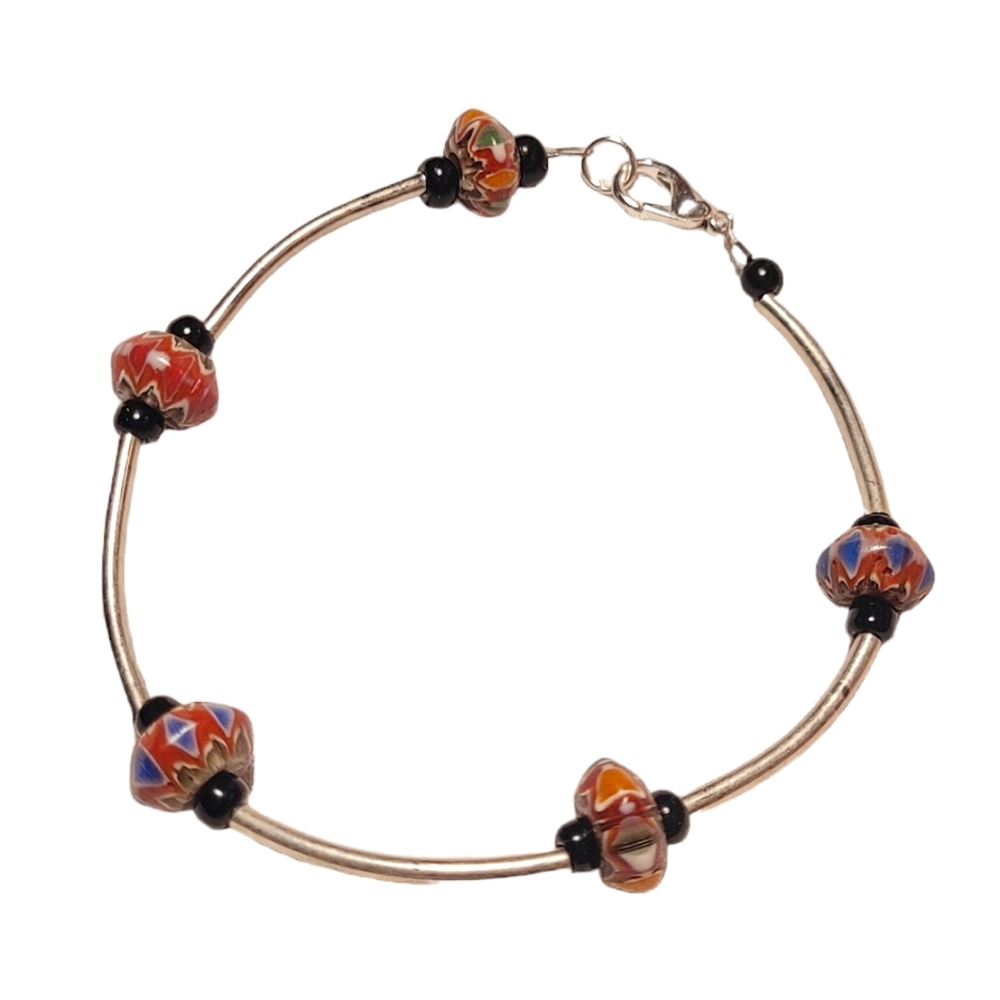 Boho Vintage Trade Beads and Silver Bracelet